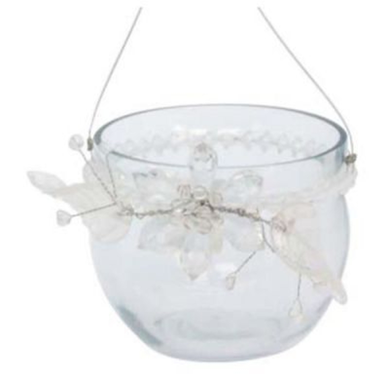 Beaded Flower Hanging Tea Light Holder Gisela Graham. Beautiful beaded T-light holder with beaded floral trim would make great wedding decoration. Candle holder size 6.5x7.5cm height including wire hanger 26cm.